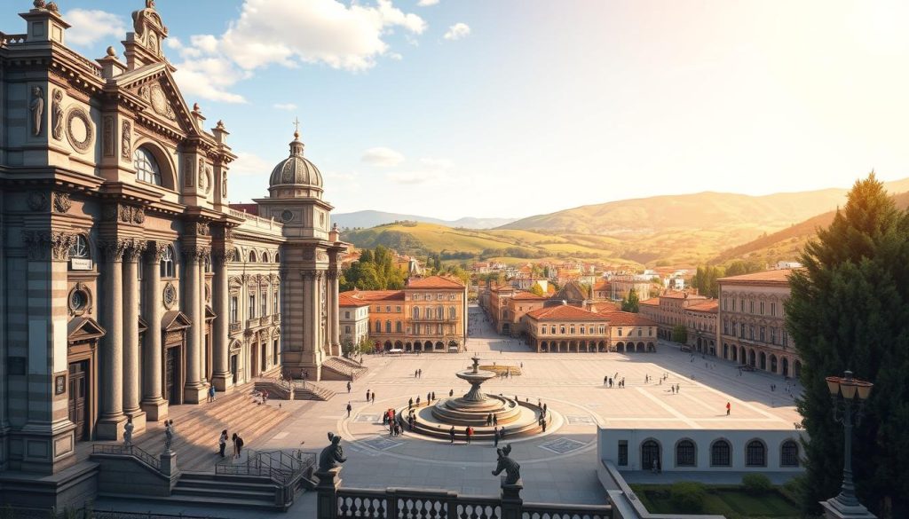 A high-resolution, detailed illustration of the diplomatic ties between San Marino and Italy, showcasing the ornate, historic buildings and landscapes that symbolize their intertwined relationship. In the foreground, a grand, marble government building with intricate carvings and a majestic facade, representing the official diplomatic institutions. In the middle ground, a picturesque town square with a central fountain and people in traditional attire, capturing the cultural exchange between the two nations. In the background, the rolling hills and lush greenery of the San Marino countryside, providing a serene, idyllic backdrop to the diplomatic framework. The scene is illuminated by warm, golden sunlight, conveying a sense of harmony and cooperation between these longstanding allies.