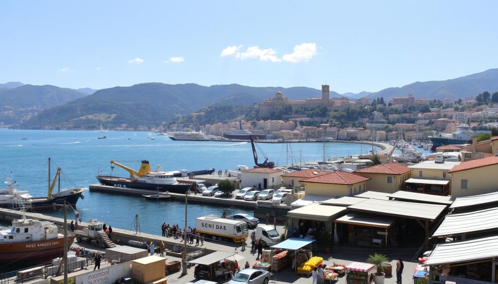 A sun-drenched coastal town in San Marino, Italy, nestled between rolling hills and the sparkling Adriatic Sea. In the foreground, a bustling harbor scene with cargo ships, cranes, and dockworkers loading and unloading goods. In the middle ground, a lively marketplace with local vendors selling produce, artisanal crafts, and traditional cuisine. In the background, the iconic towers and fortified walls of San Marino's historic city center, a UNESCO World Heritage site. The scene conveys a sense of thriving economic partnership and cross-border trade between San Marino and its Italian neighbors, underscored by the efficient logistics and vibrant commercial activity.
