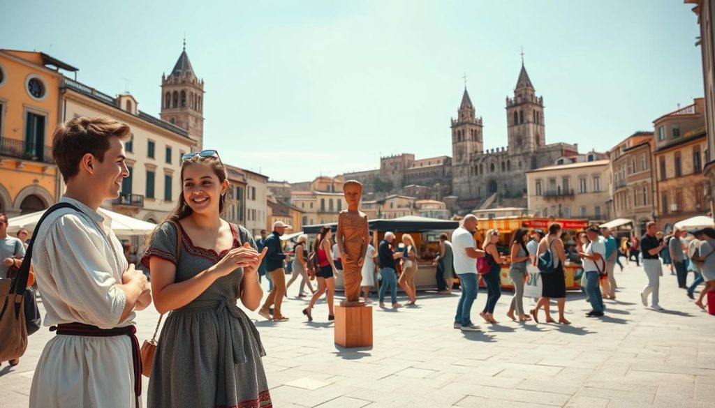 A sun-drenched piazza in the historic heart of San Marino, Italy. In the foreground, two young locals in traditional dress engage in lively conversation, gesturing animatedly. Behind them, an elderly artisan carefully carves intricate patterns into a wooden sculpture, a symbol of the region's rich artisanal heritage. In the middle ground, a group of tourists from the neighboring Italian regions browse the stalls of a bustling outdoor market, sampling local delicacies and exchanging cultural insights. In the background, the iconic towers of San Marino's medieval cityscape rise against a cloudless azure sky, a testament to the shared history and intertwined identity of these neighbors. Warm, earthy tones and soft, diffused lighting evoke a sense of timeless cultural exchange.