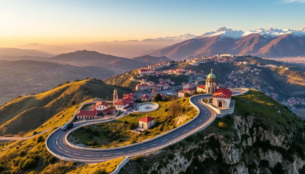 A sweeping aerial view of the San Marino-Italy border, capturing the interplay between the two nations. In the foreground, a picturesque mountain pass with winding roads and quaint border checkpoints, their guards in crisp uniforms. In the middle ground, rolling hills dotted with charming villages, their terracotta roofs and cobblestone streets reflecting the shared architectural heritage. In the background, the majestic peaks of the Apennine Mountains, their snow-capped summits bathed in the warm glow of the setting sun, creating a serene and captivating atmosphere. The scene conveys the intricate dance of cooperation and sovereignty that defines the unique relationship between San Marino and its Italian neighbors.