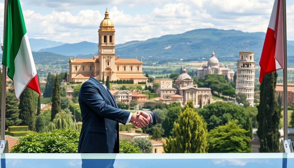A well-lit, high-resolution scene depicting the diplomatic ties between San Marino and Italy. In the foreground, two statesmen in formal attire shaking hands, conveying a sense of cooperation and mutual respect. Behind them, the iconic Palazzo Pubblico of San Marino stands tall, its striking architecture reflecting the nation's rich heritage. In the middle ground, the rolling hills and lush vegetation of the San Marino landscape provide a picturesque backdrop, symbolizing the natural beauty shared by the two nations. In the distance, the iconic landmarks of Italy, such as the Colosseum or the Leaning Tower of Pisa, can be seen, reinforcing the deep-rooted historical and cultural connections between the two countries. The overall scene radiates an atmosphere of diplomatic harmony, highlighting the strong ties that bind San Marino and Italy.