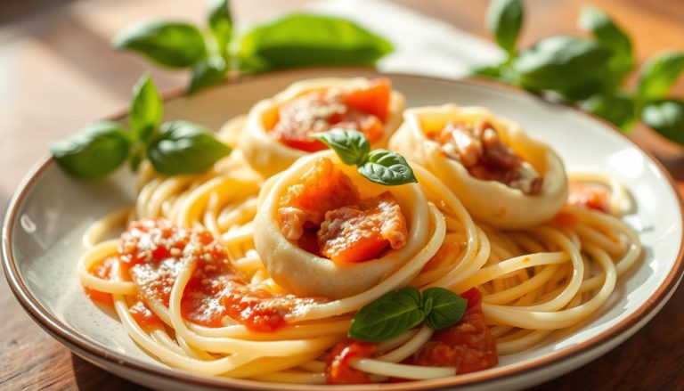 Nidi di Rondine: "Swallow's nests" pasta dish with ham, cheese, and tomato.