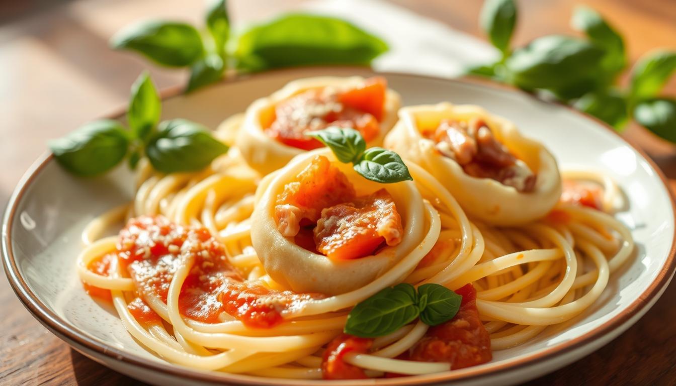 Nidi di Rondine: "Swallow's nests" pasta dish with ham, cheese, and tomato.