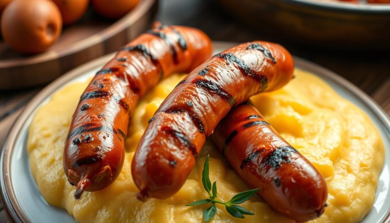 Mistocci with polenta: Grilled sausages served with polenta.