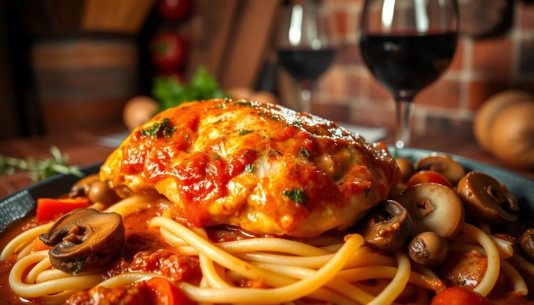 Pollo alla cacciatora: Chicken cooked in a tomato and wine sauce.