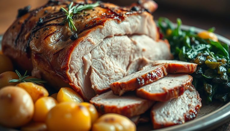 Porchetta: Roasted pork, often seasoned with garlic and rosemary.