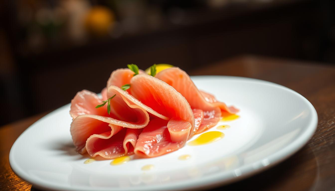 Carpaccio: Thinly sliced raw meat or fish.