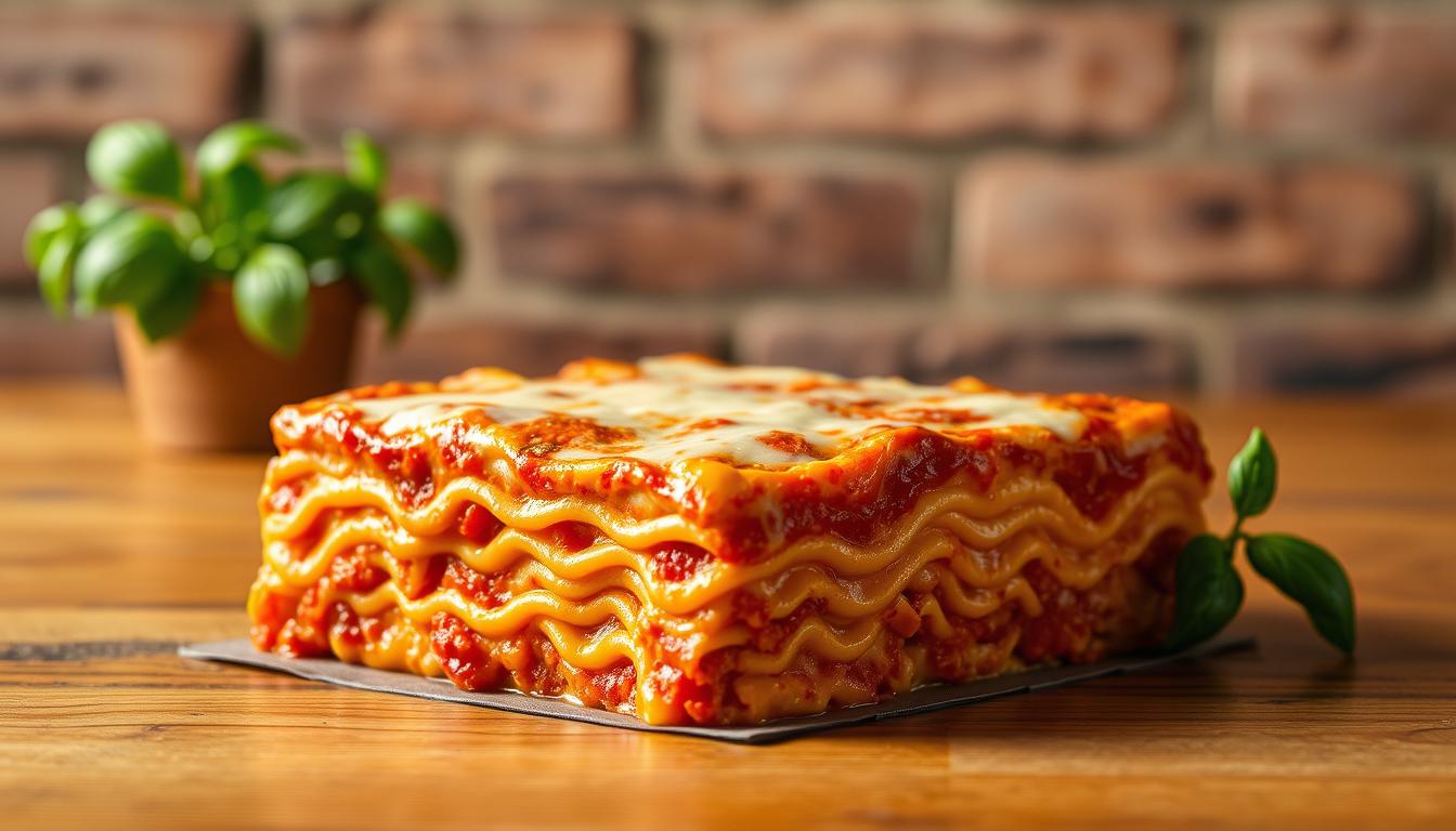Lasagna: Layered pasta dish with cheese, meat, and tomato sauce.