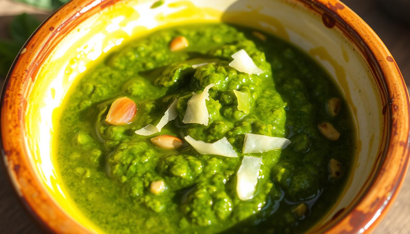 Pesto: A sauce made of basil, garlic, pine nuts, and cheese.