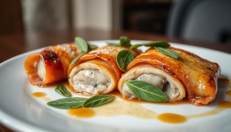 Saltimbocca: Veal wrapped with prosciutto and sage.
